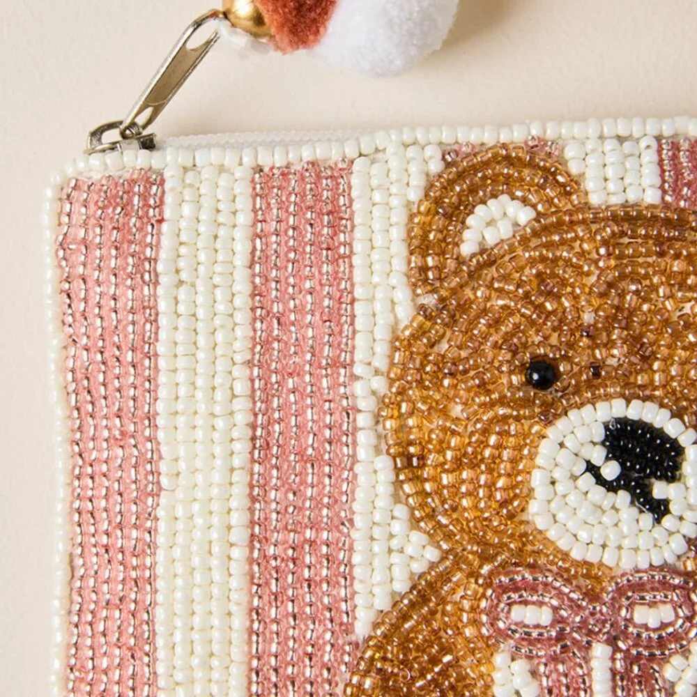 Viral Beaded Bear Pouch Pink Seed Bead Mini Pom-Pom Zipper Pull Coquette Bow NWT